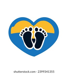 Baby feet silhouette. Footprint inside of black heart. Footstep with a heart. Blue and yellow