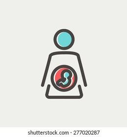 Baby fetus in mother womb icon thin line for web and mobile, modern minimalistic flat design. Vector icon with dark grey outline and offset colour on light grey background.