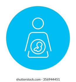Baby fetus in mother womb line icon for web, mobile and infographics. Vector white icon on the light blue circle isolated on white background.