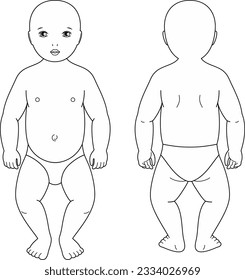 Baby figure. Front and back. Newborn body silhouette. Fashion croquis template for technical drawing. Child outline sketch. Vector illustration.