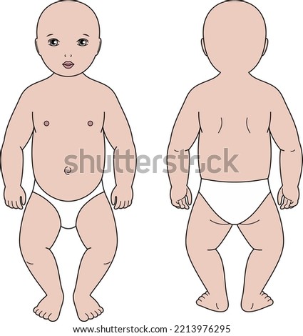 Baby figure. Front and back view. Infant silhouette. Child body sketch. Fashion croquis template for technical drawing. Vector illustration.