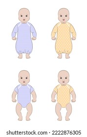 Baby figure wearing romper. Infant silhouette set. Child outline sketch. Fashion croquis template for technical drawing. Vector illustration.