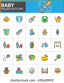 Baby filled outline icons set, vector symbol collection, colorful pictogram pack. Signs, logo illustration. Set includes icons as baby face, pacifier, nappy, crib, family, father, mother, bicycle