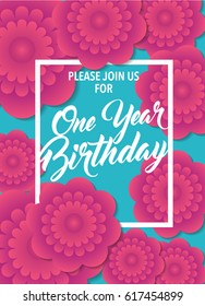 Baby first birthday card, one year invitation vector.