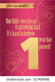 Baby first birthday card, one year invitation vector.
