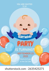 baby first birthday invitation. Cute boy birthday invitation