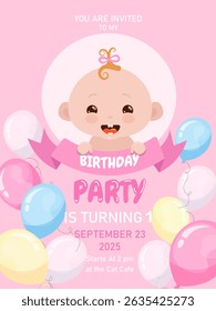 convite de primeiro aniversário de bebê. Bonito convite de aniversário de menina. Cor rosa. Sensibilidade