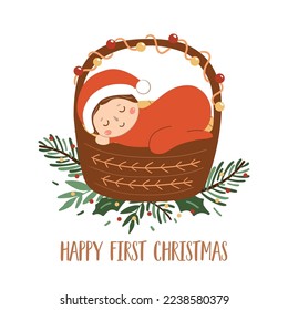 Baby first Christmas vector card with newborn baby sleeping in basket. Winter holiday cute baby in red costume illustration isolated element for greeting card. Merry Christmas, Happy New Year poster