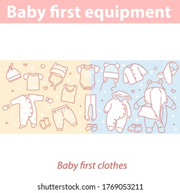 Baby first equipment. Clothes for newborn baby. winter and summer clothes collection baby need at first weeks after birth. Bodysuit, pajamas, overalls, socks. Color vector illustration. 