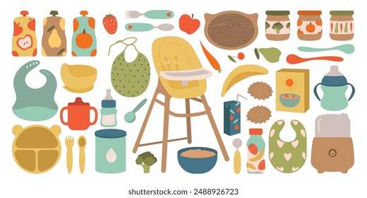 Baby first food big set. high chair, bottle, sippy cup, silicone plate, porridge, fruit, jar, puree, dishes, bib. Kitchen equipment concept. Isolated vector illustration