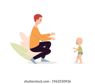 Baby first steps - adult father looking at toddler child walking and smiling. Cartoon man supporting little infant learning hot to walk - isolated vector illustration.