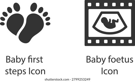 Baby first steps icon and baby fetus icon set in flat design style