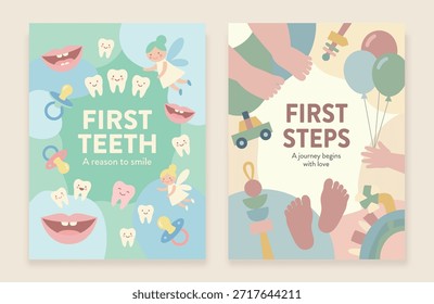 Bebé primeros dientes y primeros pasos Tarjetas de hito Ilustración vectorial