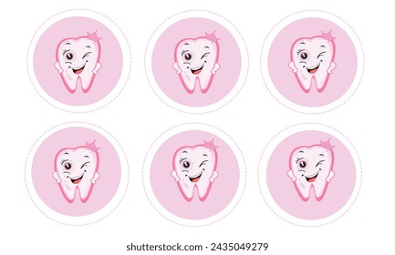 Baby first tooth for girls. Tooth with crown vector set for sticker or design element