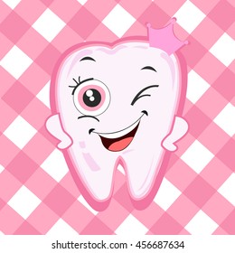 Baby first tooth for girls. Tooth with crown vector illustration