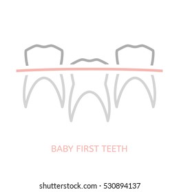 Baby first tooth icon. Vector illustration in pink and grey colours isolated on a white background. Medicine, healthcare and childhood concept.