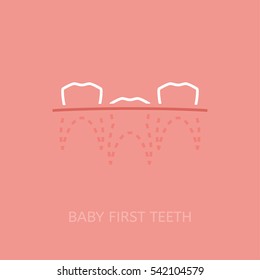 Baby first tooth icon. Vector illustration in pink and white colour isolated on a light pink background. Medicine, healthcare and childhood concept.