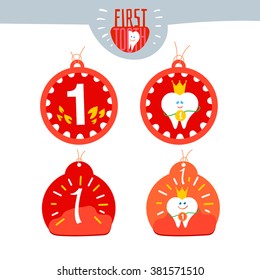 Baby First tooth Vector Illustration medal set.  Children Tooth greetings card, emblem, label. Flat icons for teeth medicine and healthy lifestyle. Dentist logo set.