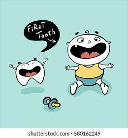 Ilustración del vector del primer diente bebé con niño riéndose con boca abierta, pezón cerca del niño y diente de caricatura saltando de alegría.