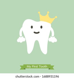 Baby first tooth, tooth is wearing golden crown - dental cartoon vector flat style cute character for design