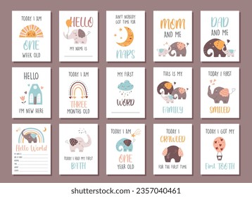 Baby ersten Jahr Meilenstein Karten. Cute Cartoon Böhmische Kindergarten Druck. Boho Vektorgrafik für Baby. Cute Karten mit Sonne, Regenbogen, Wolke, Mond, Elefant, Stern, Haus. Vektorgrafik