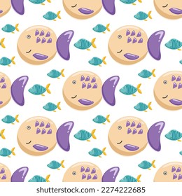 Baby fish seamless pattern. Underwater world print for textile, packaging, paper and design. Background with fish ball. Digital paper, vector illustration