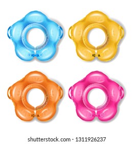 Baby, five-pointed, different colors, inflatable swimming rings with handles and neck fasten top view realistic vector set isolated on white background.  