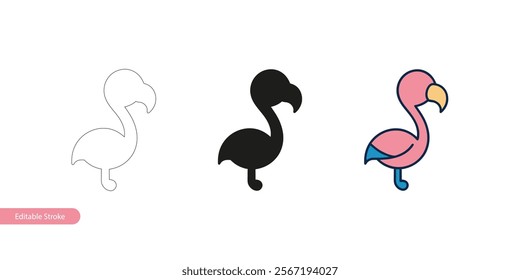 Baby Flamingo Icon in Different Variations: Editable Stroke Outline, Silhouette, and Colorful