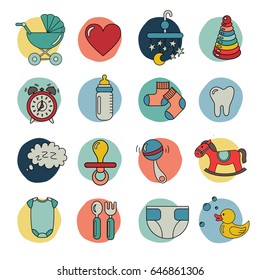 Baby flat icon set: cloth, toys, food. Template elements for web and mobile applications. Vector illustration.