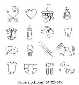 Baby flat icon set: cloth, toys, food. Template elements for web and mobile applications. Vector illustration.