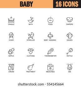 Baby flat icon set. Collection of high quality outline symbols of baby stuff for web design, mobile app. Vector thin line icons or logo ofcradle, stroller, diapers, rattle, nipple, etc.
