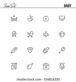 Baby flat icon set. Collection of high quality outline symbols of baby stuff for web design, mobile app. Vector thin line icons or logo ofcradle, stroller, diapers, rattle, nipple, etc.