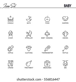 Baby flat icon set. Collection of high quality outline symbols of baby stuff for web design, mobile app. Vector thin line icons or logo ofcradle, stroller, diapers, rattle, nipple, etc.