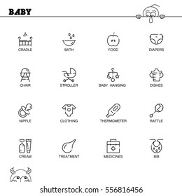 Baby flat icon set. Collection of high quality outline symbols of baby stuff for web design, mobile app. Vector thin line icons or logo ofcradle, stroller, diapers, rattle, nipple, etc.