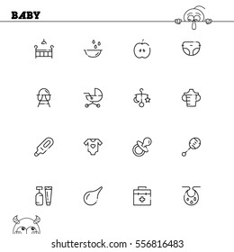 Baby flat icon set. Collection of high quality outline symbols of baby stuff for web design, mobile app. Vector thin line icons or logo ofcradle, stroller, diapers, rattle, nipple, etc.