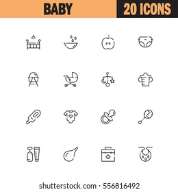 Baby flat icon set. Collection of high quality outline symbols of baby stuff for web design, mobile app. Vector thin line icons or logo ofcradle, stroller, diapers, rattle, nipple, etc.