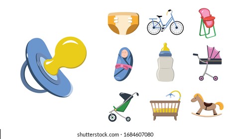baby flat icon set with cradle, nipple, baby carriage, toys. equipment for baby care illustration design elements