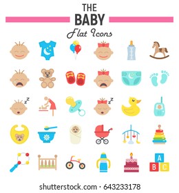 Baby flat icon set, kid symbols collection, vector sketches, logo illustrations, colorful solid pictograms package isolated on white background, eps 10.