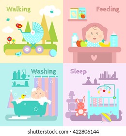 Baby flat icon set things that a child needs walking feeding washing and sleep vector illustration