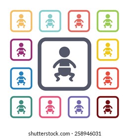 baby flat icons set. Open round colorful buttons. Vector 