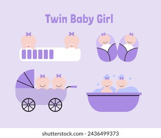 Baby flat vector for baby shower and nursery illustration. Twin baby, children, boy and girl illustration. Baby activity kicking bump.