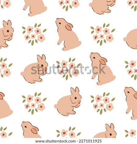 Baby floral rabbit bunny pattern in beige color. Pastel rabbit animal seamless print, repeat background, cute spring easter hare surface design. Sweet hand drawn bunnies. Naive kid vector illustration