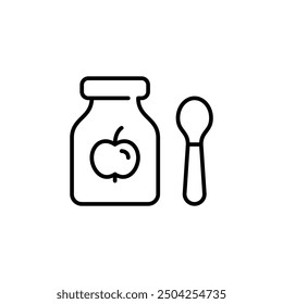 Baby food. Apple puree and spoon. Pixel perfect vector icon