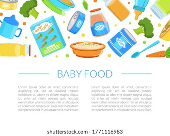 Plantilla de banner de comida para bebés, Primera comida saludable para niños pequeños con espacio para texto, Ilustración de vectores de menú para niños