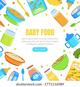 Baby Food Banner Template, Organic Healthy Meal for Toddlers Frame of Round Shape with Space for Text Vector Illustration