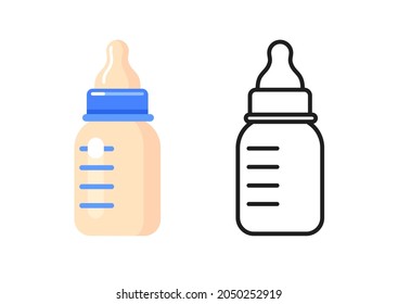 Baby Food Bottle Icons. Set Of Vector Colorful And Outline Illustrations Isolated On White Background