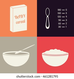 baby food. bowl. scoop. table measures. porridge. box. box of baby cereal