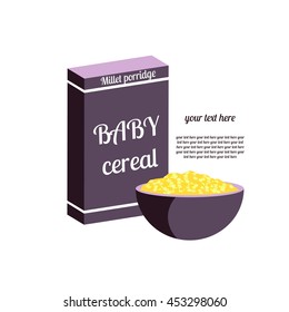 baby food. box of cereal. a Cup of oatmeal.