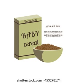 baby food. box of cereal. a Cup of oatmeal.