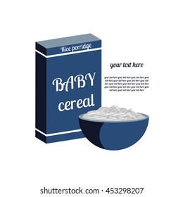 baby food. box of cereal. a Cup of oatmeal.